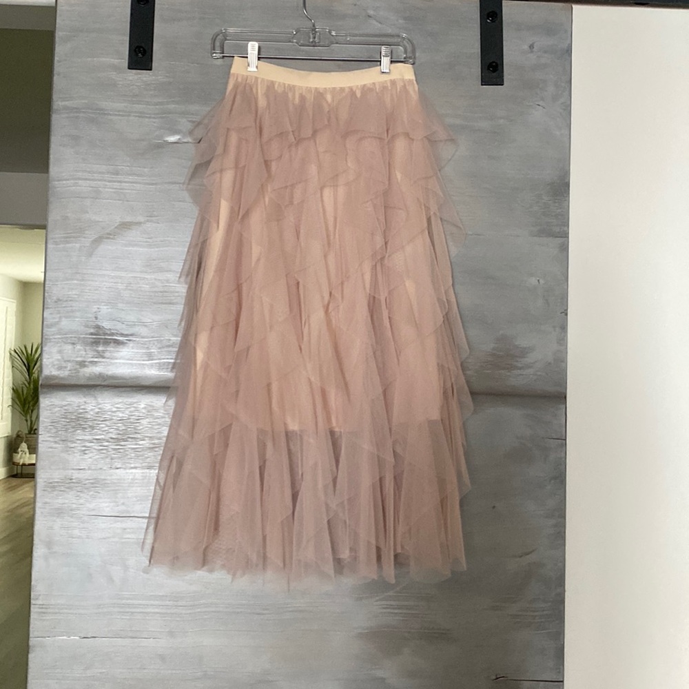 A-Line, Tulle, Mid Long, Tiered, Ruffle Blush Skirt.